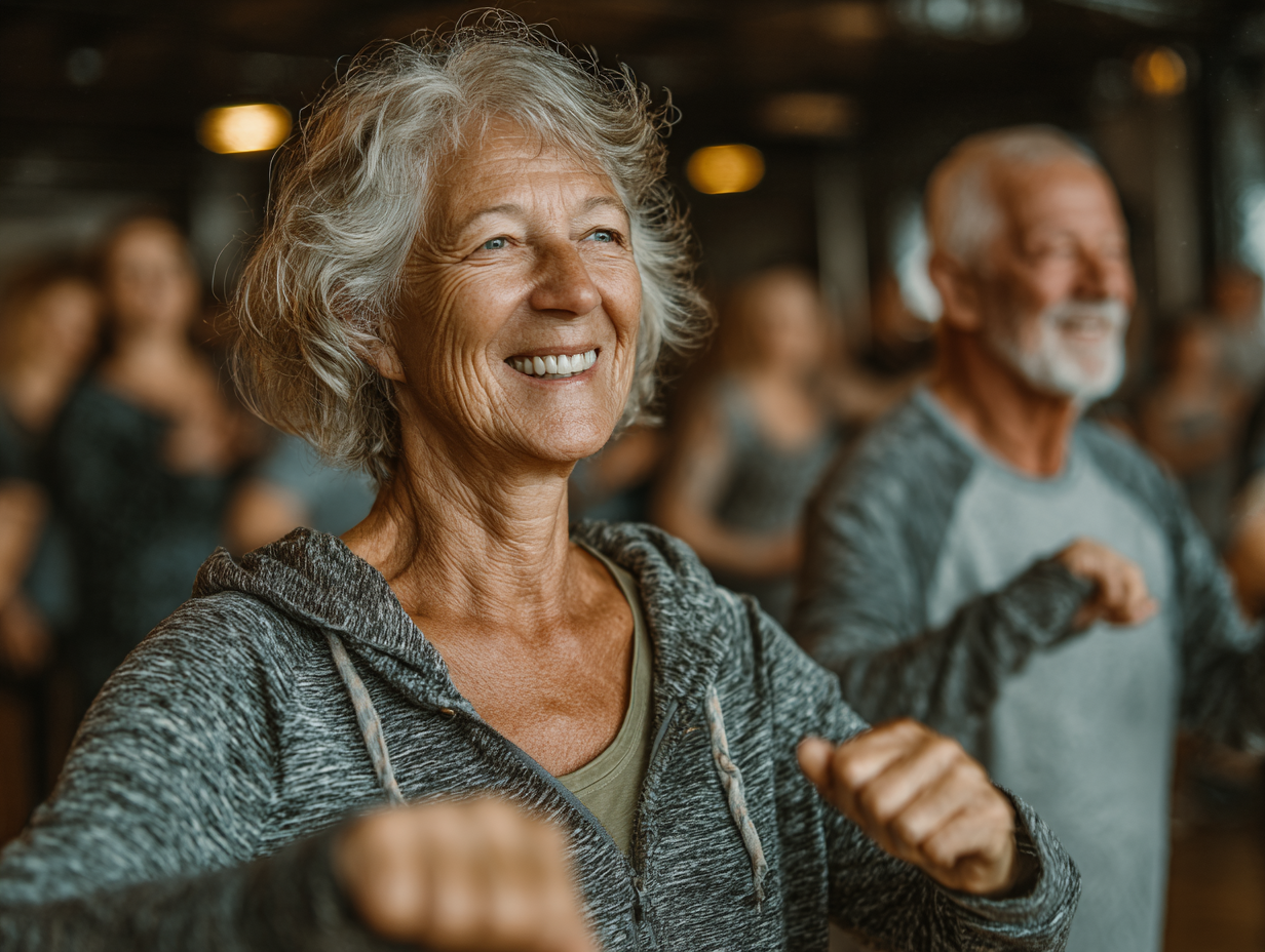 Група людей старшого віку займається творчими танцювальними вправами